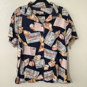 Jamaica Bay Vintage Navy Seashell Postcard‎ Coastal Tropical Hawaiian Shirt 1X